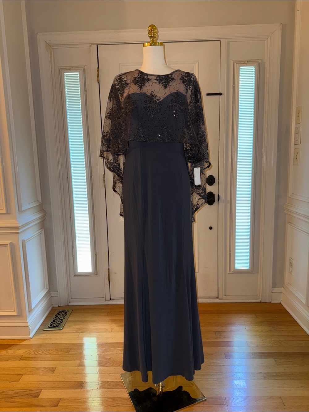 R & M Richards Charcoal Grey Lace Cape Gown